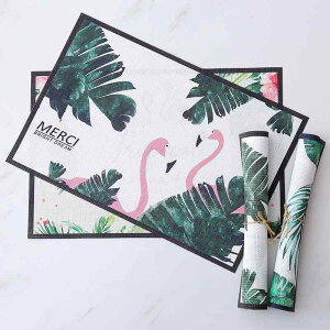 ランチョンマット 北欧風 黒縁 防水 PVC 耐熱 滑り止め加工 家庭用 スクエア テーブルマット 食器マット リーフ柄 フラミンゴ柄 手描きイラスト