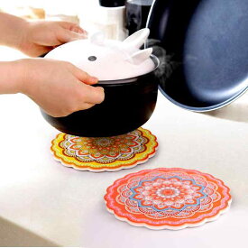 鍋敷き 丸型 陶器 コルク 北欧 ボヘミアン 断熱 耐熱 テーブルマット ランチョンマット 食卓 ダイニング キッチン インテリア おしゃれ かわいい
