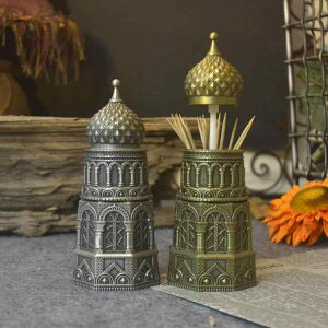 爪楊枝入れ プッシュ式 タワー型 ヨーロピアン レトロ アンティーク調 メタル製 おしゃれ 卓上 食卓 インテリア ブロンズ シルバー