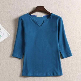 Tシャツ レディース 女性用 七分袖 Vネック スリムフィット スリム 綿 コットン 伸縮性 厚手 裏起毛 インナー 無地 シンプル カジュアル トップス 秋冬