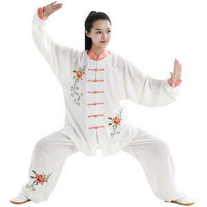 太極服 レディース 女性用 シニア 刺しゅう 太極拳 練習着 稽古着 演武服 武術着 星光麻 軽量 通気性 快適 パフォーマンスウェア 朝練 運動着 春夏秋