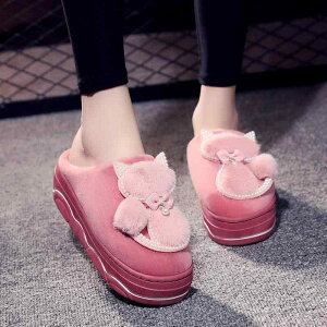 ルームシューズ レディース 女性用 かわいい ネコ 厚底 ヒール ふわふわ ボア 暖かい 防寒 室内履き 外履き 冬用 防水 フェイクファー