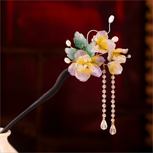 かんざし おしゃれ 簪 レディース 花飾り 紫檀 かんざし 中国風 タッセル 揺れる 浅紫 花柄 髪飾り チャイナドレス用 お団子 シニヨン 琉璃