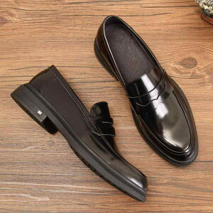 ローファー メンズ 男性用 ビジネス カジュアル 革 牛革 エナメル 厚底 スリッポン ラウンドトゥ ローヒール 通気性 ステッチ ゴム底 結婚式 普段使い 春秋 ブラック ボルドー