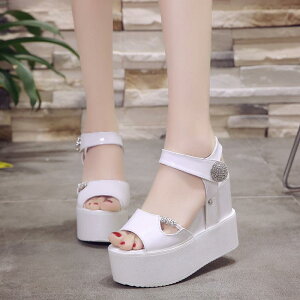 サンダル レディース ウェッジ厚底 ハイヒール インヒール ラインストーン 面ファスナー オープントゥ バックストラップ サイドオープン グラディエーター 合皮 普段使い 春夏 ホワイト ブ