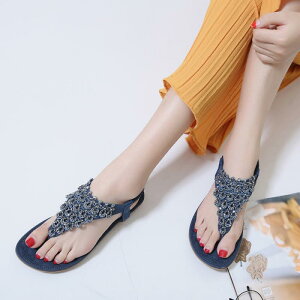 サンダル レディース ラインストーン ビーズ フラットソール トング ボヘミアン エスニック ローマ 旅行 リゾート ビーチ ビーチ 普段使い お出かけ 合皮 春夏 アプリコット ブルー