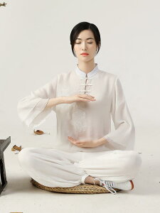 太極拳ウェア 女性用 春夏 軽やか 優雅 上下セット 綿麻 リネン 綿混 二層仕立て 武術服 練習着 演舞 カンフー ヨガ ゆったり