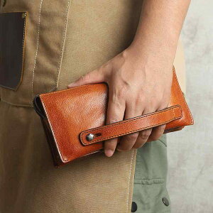 長財布 メンズ 男性用 革 牛革 レザー レトロ ヴィンテージ ハンドメイド 手作り 大容量 スマホ収納 携帯収納 ファスナー開閉 横型 多機能 カードポケット 札入れ 小銭入れ セカンドバッグ