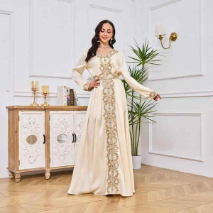 中東 民族 衣装 レディース エスニック ワンピース 長袖 ロング スカート Vネック Aライン ローブ レース 刺繍 装飾 ウエストリボン ポリエステル ゆったり カジュアル エレガント パーティー