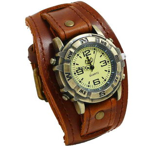 腕時計 メンズ 革ベルト ヴィンテージ風 レザー ブレスレット 大ぶり ダメージ加工 パンク アクセサリー 男女兼用 シンプル おしゃれ カジュアル 茶 黒