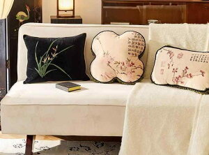 クッション おしゃれ チャイナ風 柔らかい 梅 蘭 竹 菊 枕 刺繍 リビング ルーム ソファ 立体 カバー フランネル 暖かい 冬 漢字 黒 緑 レトロ セット