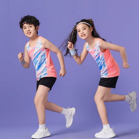 ジュニア 陸上 ユニフォーム スポーツ 動きやすい セットアップ ノースリーブ パンツ トレーニング 男女兼用 ランニング 柔らかい ピンク 赤 青