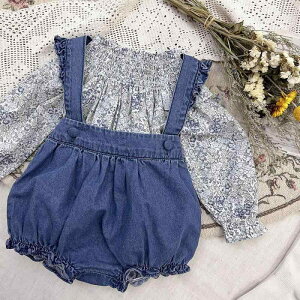 子供服 パンツ 春夏 女の子 デニム ショート バルーン サロペット フリル 取り外し可能 サスペンダー 2WAY カジュアル おしゃれ 青 小花柄 シャツ