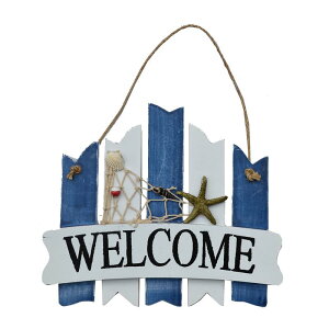 welcome サイン プレート 木 ロープ 吊り下げ 玄関 ドア 壁飾り インテリア 家庭 店舗 幼稚園 看板 地中海風 アンティーク調 おしゃれ 青 白