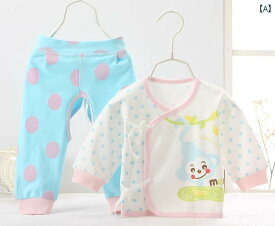 ベビー服 春秋 薄手 肌着 インナー 前開き セットアップ ウエストゴム マタニティー 出産祝い プレゼント シンプル かわいい 赤 サル ドット柄