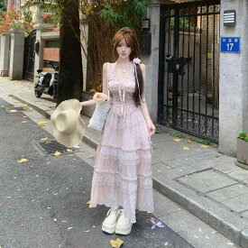 ワンピース レディース ピンク 風 ガーリー セクシー ノースリーブ ロング丈 プリンセス スリム 春夏