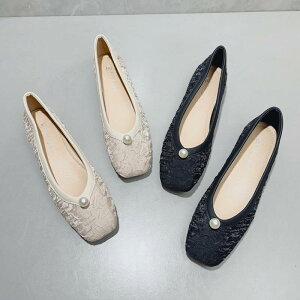 パンプス ローヒール チャイナ風 レディース 春夏 サテン スクエアトゥ チャンキー パール ソフトソール 滑り止め おしゃれ アプリコット 黒