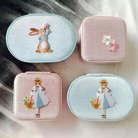 ジュエリーボックス コンパクト オーバル スクエア 仕切り ポケット フック 大容量 アクセサリー イヤリング ネックレス 指輪 口紅 収納 ポータブル 旅行 かわいい うさぎ 花柄 青 ピンク