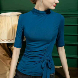 カットソー レディース きれいめ おしゃれ 大人 ハイネック 5分袖 モダール ねじり 秋 バックリボン ストレッチ トップス