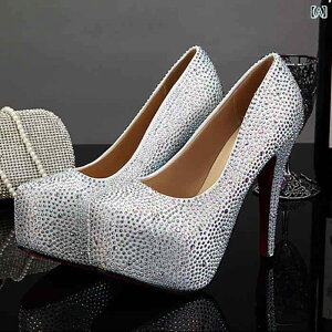 パンプス レディース 大きいサイズ ストーン きらきら 厚底 14cm ヒール 防水台 きらめき パーティー 脚長 美脚 ショー ハイヒール