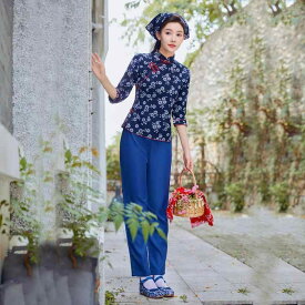 セットアップ レディース おしゃれ 上下 花柄 トップス パンツ 七分袖 伝統風 レトロ 懐旧 舞台衣装 中国風 采茶ダンス 演出服 カントリー風