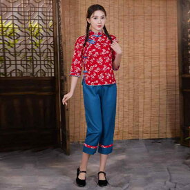 セットアップ レディース おしゃれ 上下 花柄 采茶 民族舞踊 農村風 ヴィンテージ風 レトロ パフォーマンス 舞台衣装