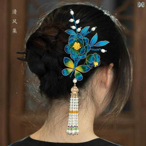 かんざし おしゃれ ヘアアクセサリー 簪 花飾り レディース 檀木 青 花柄 レトロ 中国風 漢服 チャイナ風 伝統工芸