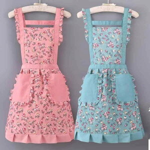 エプロン レディース おしゃれ プレゼント 花柄 フリル ショルダー 紐 キッチン 家事 料理 防油 防汚 耐久性 作業服 通気性 ウエスト 首掛け