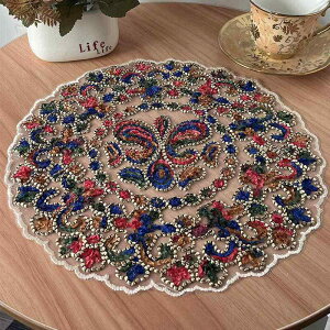 花瓶敷き おしゃれ ランチョンマット ヴィンテージ風 カラフル 刺繍 花柄 民族風 レース 丸形 軽量 断熱 欧風 上品 テーブルウェア