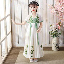 漢服 キッズ ジュニア 女の子 ワンピース スカート チャイナ風 かわいい 半袖 ガーゼ 花 刺繍 リボン 薄手 ふんわり 透け感 コスプレ ダンス 発表会 ステージ 舞台 写真撮影 イベント パーティー 衣装 レトロ プリンセス 青緑 ピンク