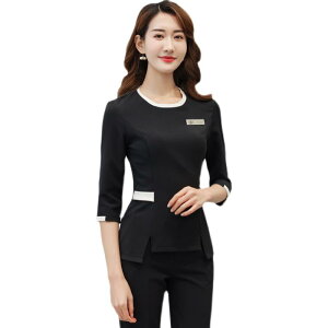 エステ ユニフォーム 制服 おしゃれ サロン レディース 春夏 七分袖 無地 黒 スリット 美容 足浴 受付 仕事 オフィス きれいめ