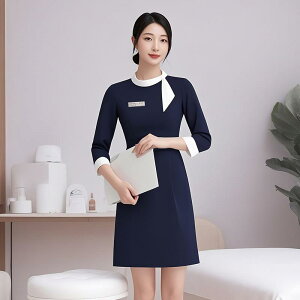 エステ ユニフォーム 制服 おしゃれ ワンピース レディース サロン フォーマル エレガント シンプル 七分袖 上品 無地 美容 受付 事務