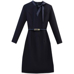 エステ ユニフォーム 制服 おしゃれ ワンピース レディース 秋冬 長袖 リボン ベルト ミディアム丈 上品 オフィス きれいめ エレガント シンプル 無地 美容 受付 フォーマル