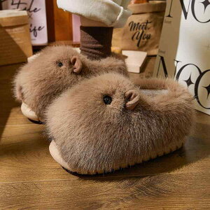ルームシューズ レディース カピバラ キャラクター かわいい キュート 秋冬 室内履き 外履き 厚底 滑り止め 保温 防寒 かかと付き カーキ カフェオレ アイボリー ポリエステル EVA素材