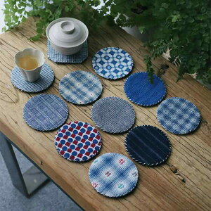 コースター おしゃれ 茶器 ラウンド型 厚手 布製 コースター 急須 湯呑 敷物 ポット 断熱 保護 傷防止 滑り止め 和モダン 小物 インテリア チェック柄 花 青