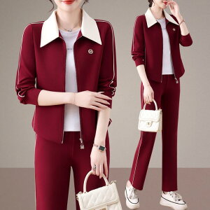 スポーツウェア レディース セットアップ 春秋 おしゃれ 若見え カジュアル 2点セット 長袖 襟付き ジップアップ ポリエステル 綿 伸縮性 普段使い 30代 40代 50代 ブラック カーキ ワインレッ