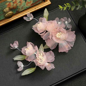 髪飾り レディース 漢服風 サイド 清楚 ピンク フラワー 花 揺れるかんざし 古代風 和風 ヘアアクセ 民族調 エスニック サイドクリップ 大小セット 未装飾