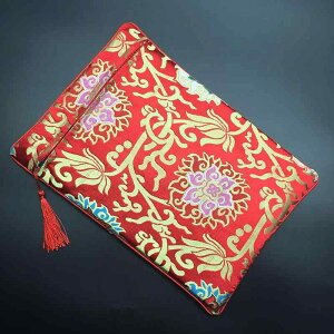 経本 数珠入れ 袋 バッグ ポーチ 収納 錦織 蓮花 ドラゴン 模様 ファスナー 刺繍 スクエア 写経 仏教 経典 おしゃれ 赤 緑 青 タッセル