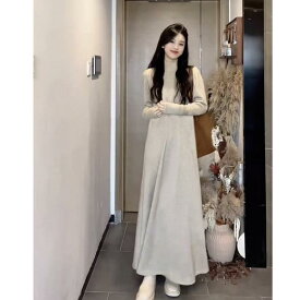 ワンピース マタニティ レディース 秋冬 フレンチスタイル ニット ゆったり 重ね着 大きいサイズ ロング丈 普段使い ルームウェア シワになりにくい 高伸縮 柔らか 綿 裏起毛 ハイネック アプリコット ブラック