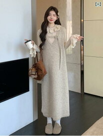 マタニティ ワンピース ジャンパースカート 秋冬 韓国 おしゃれ ニット ゆったり ロング丈 Aライン ノースリーブ 厚手 暖かい ストレッチ性 通気性 普段使い セットアップ アプリコット ブラウン ブルー