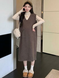 ワンピース マタニティ ニット ジャンパースカート 2点セット 秋冬 ゆったり Vネック ストレート ミディ丈 おしゃれ シワになりにくい 伸縮性 長袖 コーヒー ベージュ カーキ