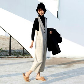 サロペット レディース マタニティ 小柄向け ウールブレンド ニット おしゃれ 若見え オールインワン ゆったり 体型カバー Vネック ハイウエスト 9分丈 厚手 ポケット付き 通勤 韓国 黒 ベージュ チャコールグレー 秋冬