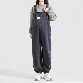 マタニティ コーデュロイ サロペット オールインワン 秋冬 裏起毛 ゆったり ルーズ 低身長向け ロング丈 お腹サポート 妊娠初期 妊娠中期 妊娠後期 普段使い リラックスウェア カフェオレ グレー