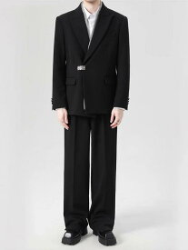 スーツ メンズ セットアップ チャイナ風 結婚式 披露宴 冠婚葬祭 礼服 スタンドカラー マオカラー 上下セット ジャケット パンツ フォーマル 春夏 ポリエステル ブラック ゆったり 紳士服 金属バックル スタイリッシュ