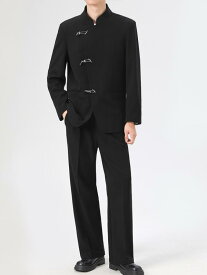 スーツ メンズ マオカラー スタンドカラー セットアップ チャイナ風 礼服 男性用 紳士 結婚式 披露宴 二次会 スリム 細身 リネン 麻混 春夏 フォーマル 上下セット ジャケット パンツ ブラック ホワイト