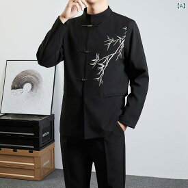セットアップ メンズ 春秋 ジャケット チャイナ風 スタンドカラー 立ち襟 マオカラー 麻混 カジュアル ビジネス フォーマル 結婚式 披露宴 パーティー レトロ クラシック 高級感 通気性 ワンボタン スーツ ブラック 刺繍 軽量