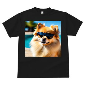 サングラス ポメラニアン プール 青空 パームツリー 日差し Tシャツ メンズ キッズ 犬ファン 半袖 春夏 プリント カジュアル かわいい 人間用