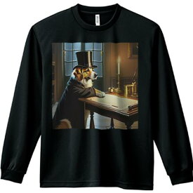 シルクハット ボーダーコリー ロウソク 書斎 デスク ペン 長袖Tシャツ 人間用 メンズ 秋春夏 プリント レジャー アウトドア カジュアル かわいい