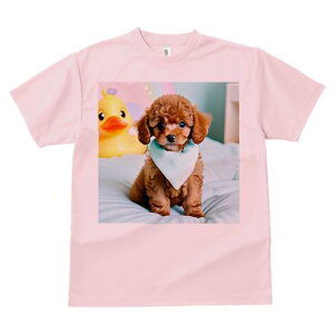 アヒルのぬいぐるみ トイプードル 青いバンダナ 白いベッドカバー パステルカラーの背景 Tシャツ メンズ キッズ 犬ファン 半袖 春夏 プリント カジュアル かわいい 人間用