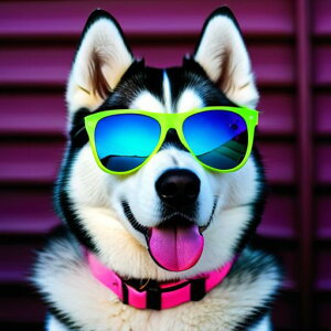 サングラス シベリアンハスキー ピンクの首輪 紫の背景 舌を出している クッションカバー 犬柄 45×45cm アニマル柄 おしゃれ 可愛い クッション本体付き 正方形